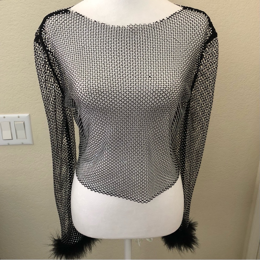 Black Sheer Mesh Long Sleeve Top with Feather Cuffs and Small Rhinestones